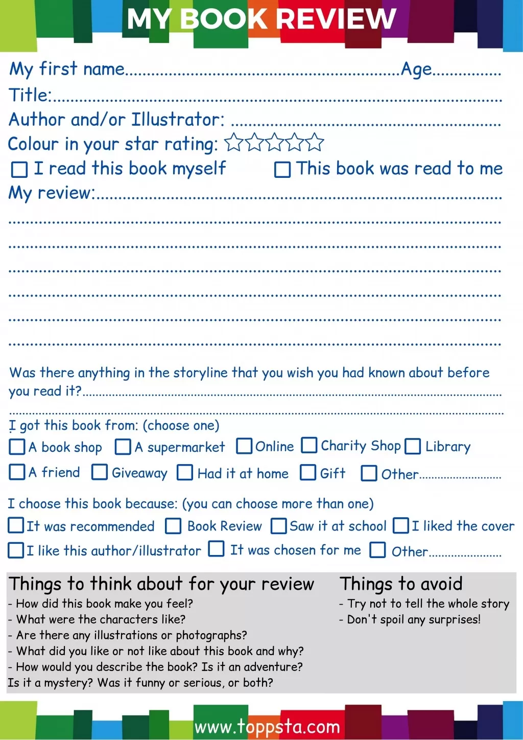 Toppsta Children's Book Review Template